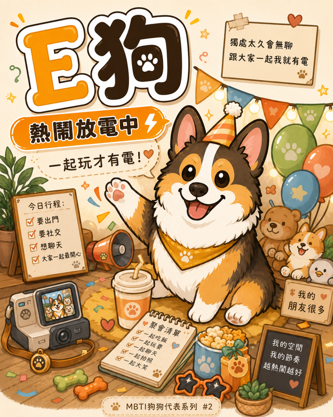 E 狗熱鬧放電中,喜歡出門、社交、聊天和大家一起玩