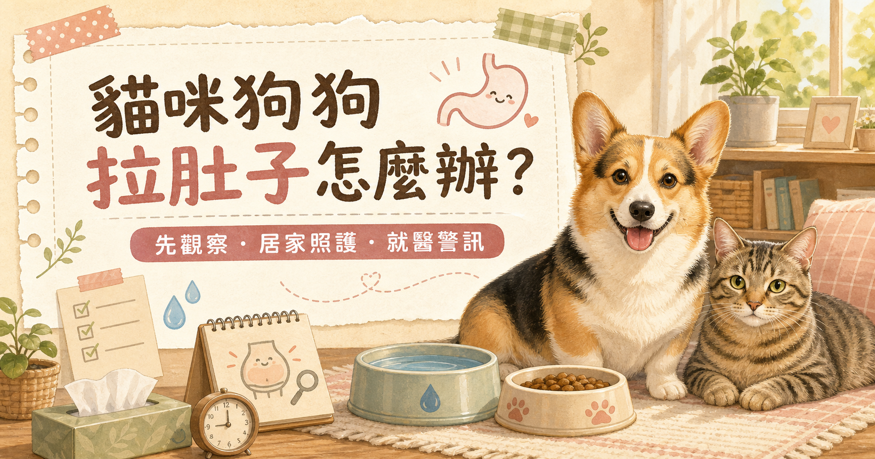 柯基與虎斑貓在飲水、飲食和便便觀察筆記旁的腸胃照護插畫