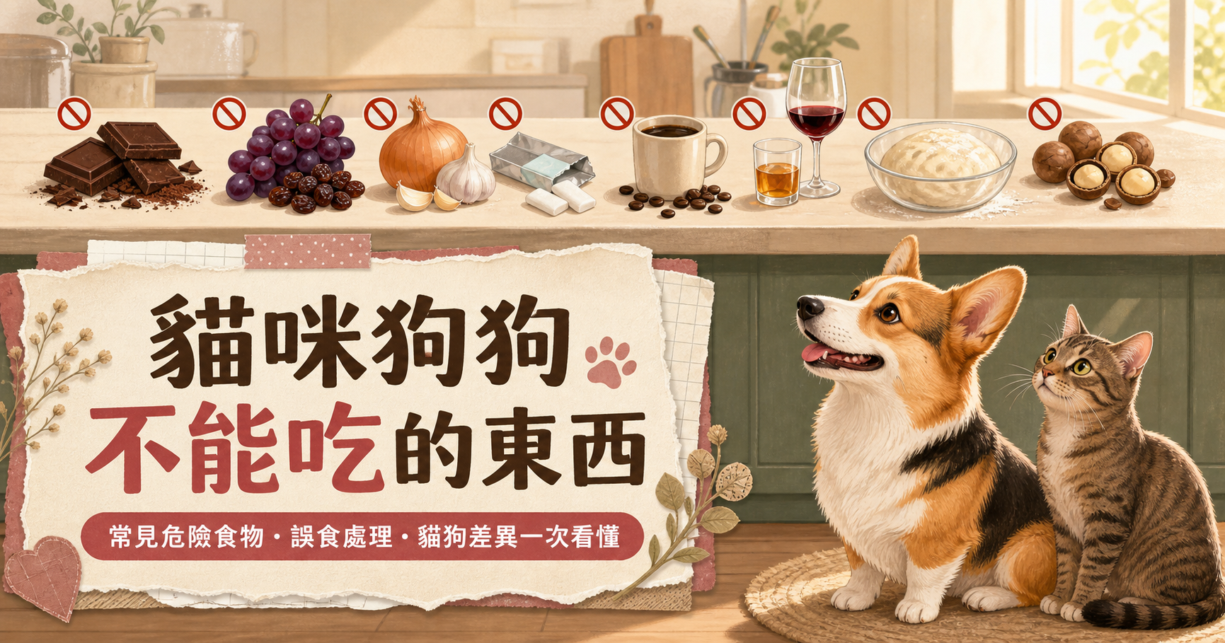 柯基與虎斑貓看著放在高處的巧克力、葡萄、蔥蒜與其他危險食物插畫
