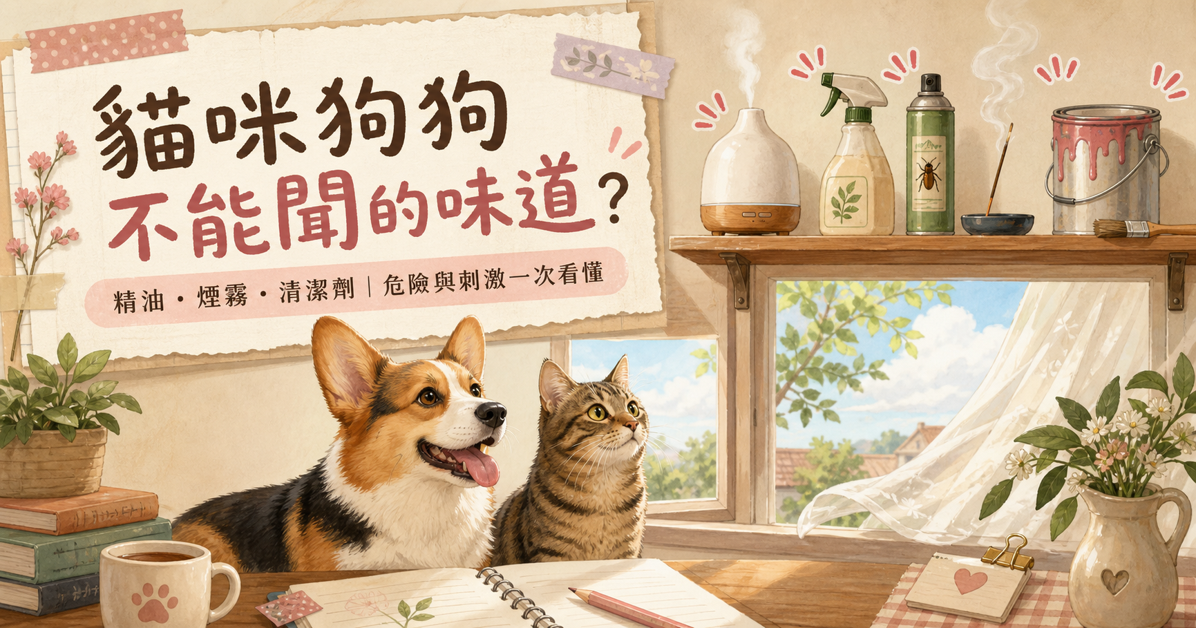 柯基與貓咪在通風窗邊,危險香氛與清潔用品放在高處的手帳風插畫