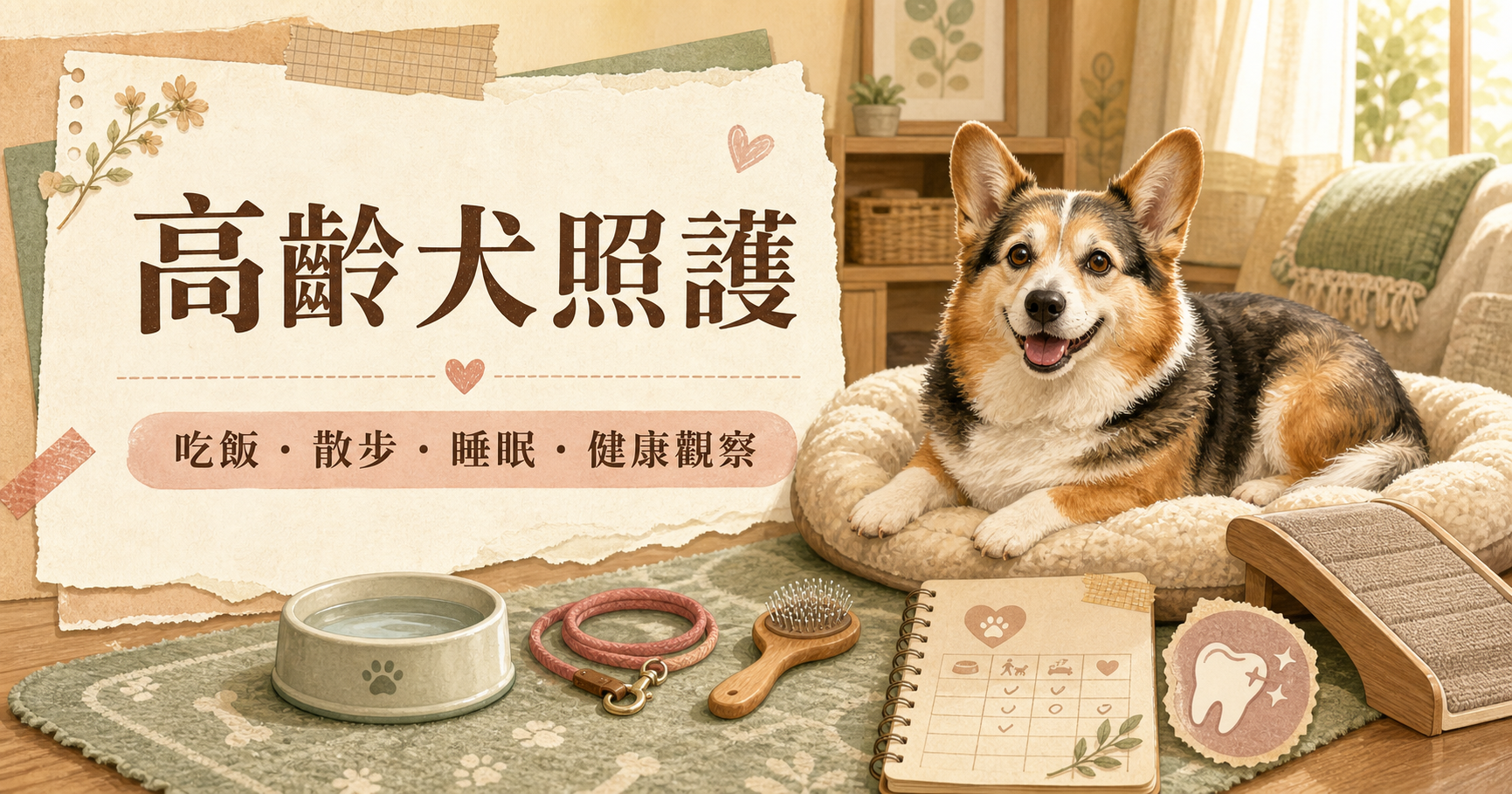 銀灰嘴邊的高齡柯基躺在柔軟睡墊旁,周圍有飲水、散步與健康紀錄用品